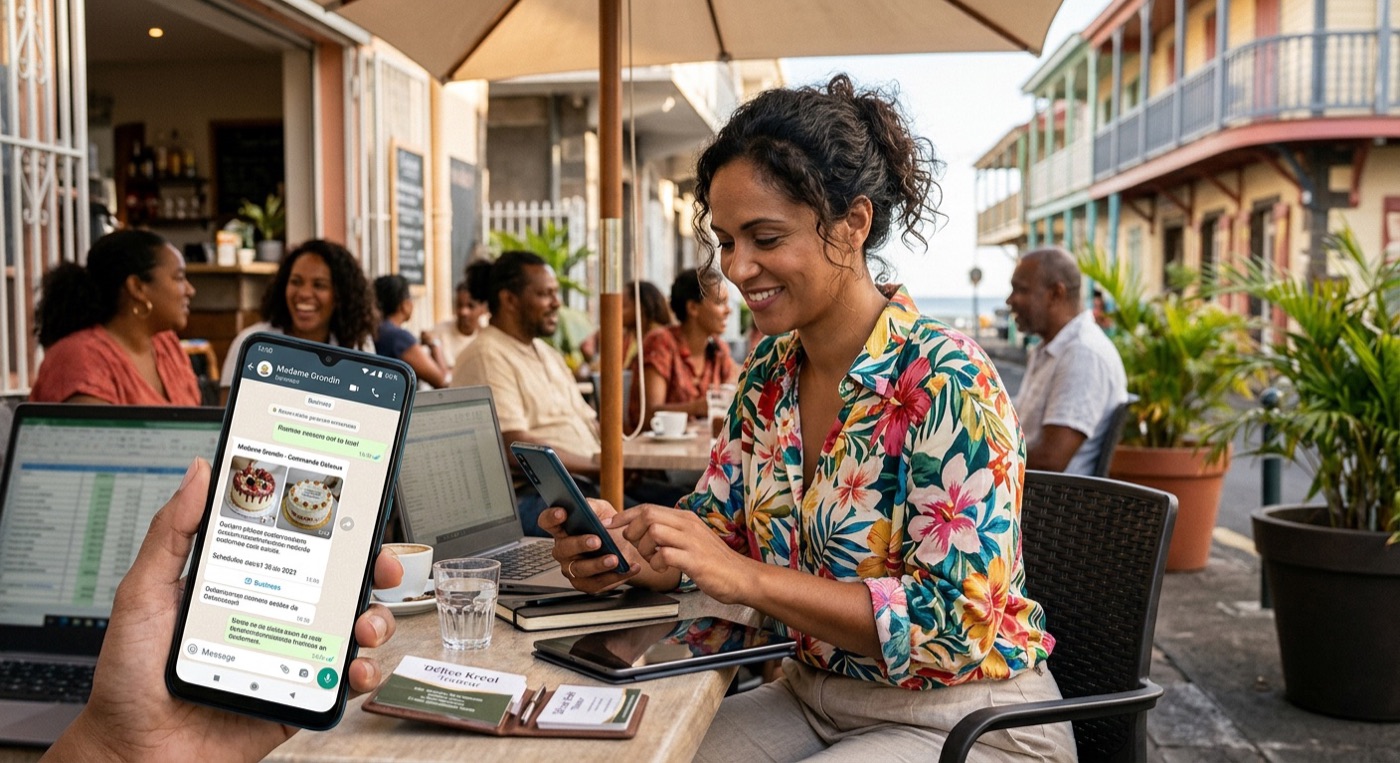Entrepreneur réunionnais utilisant WhatsApp Business pour gérer sa clientèle